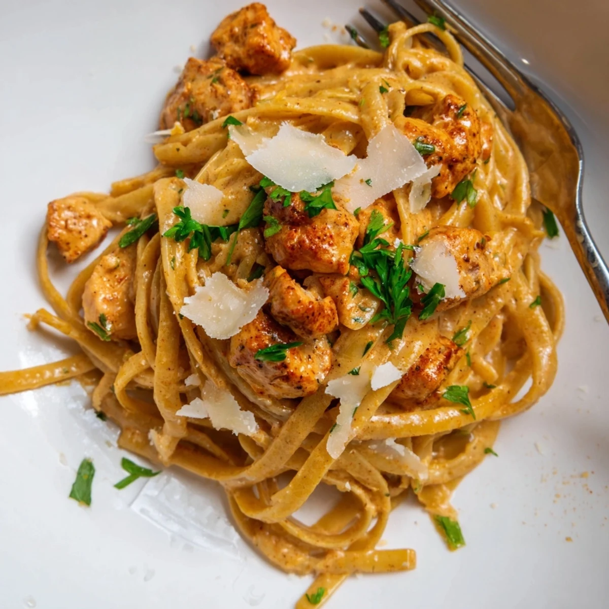 Creamy Cowboy Butter Chicken Linguine, served steaming with garlic aroma filling the air.