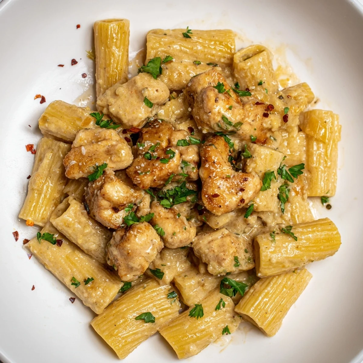 Golden-brown Garlic Butter Chicken with Rigatoni drenched in creamy Parmesan sauce.  