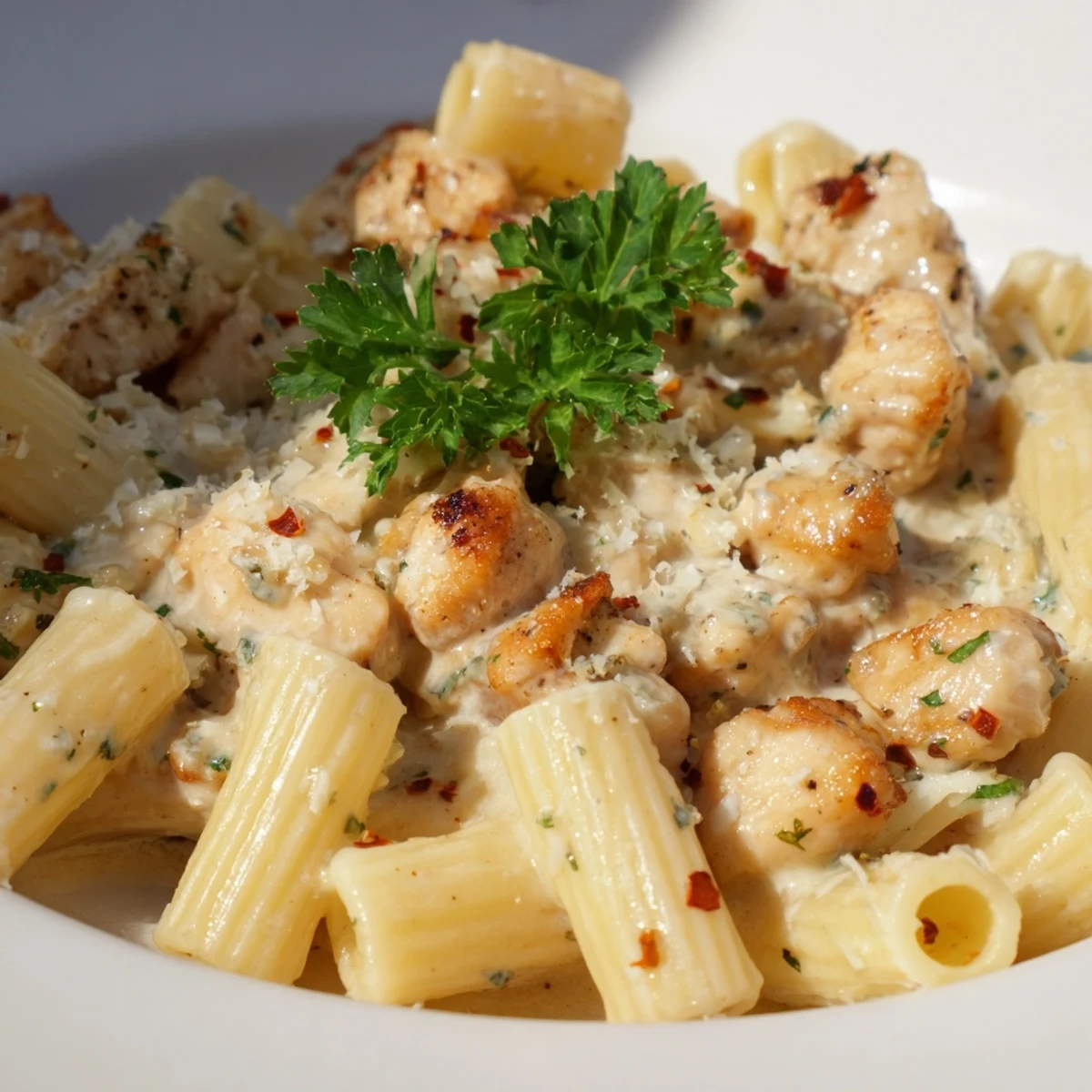 Deliciously rich Garlic Butter Chicken with Rigatoni, topped with fresh parsley and cheese.  