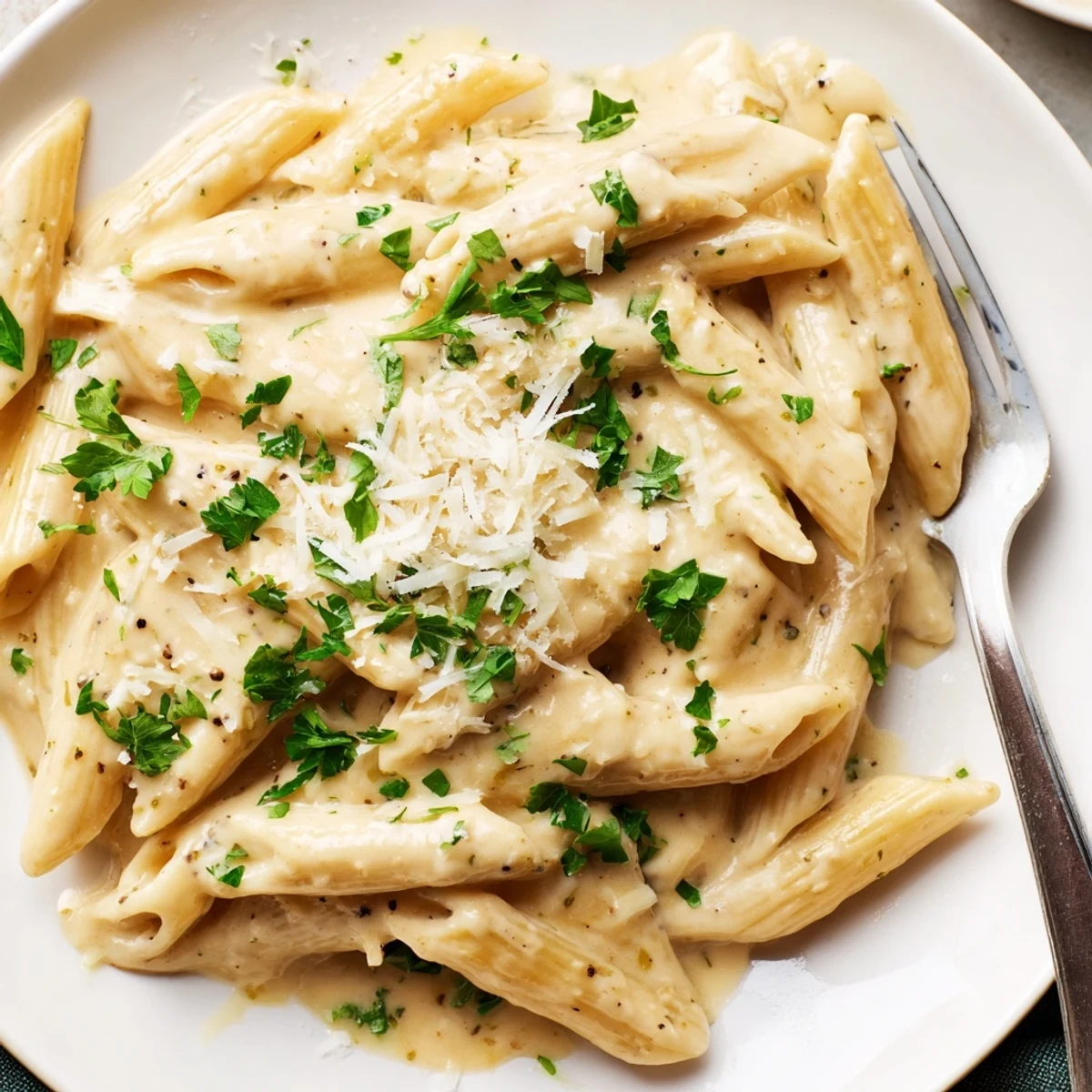 Creamy Garlic Penne Pasta glistening with rich sauce and topped with fresh parsley.  