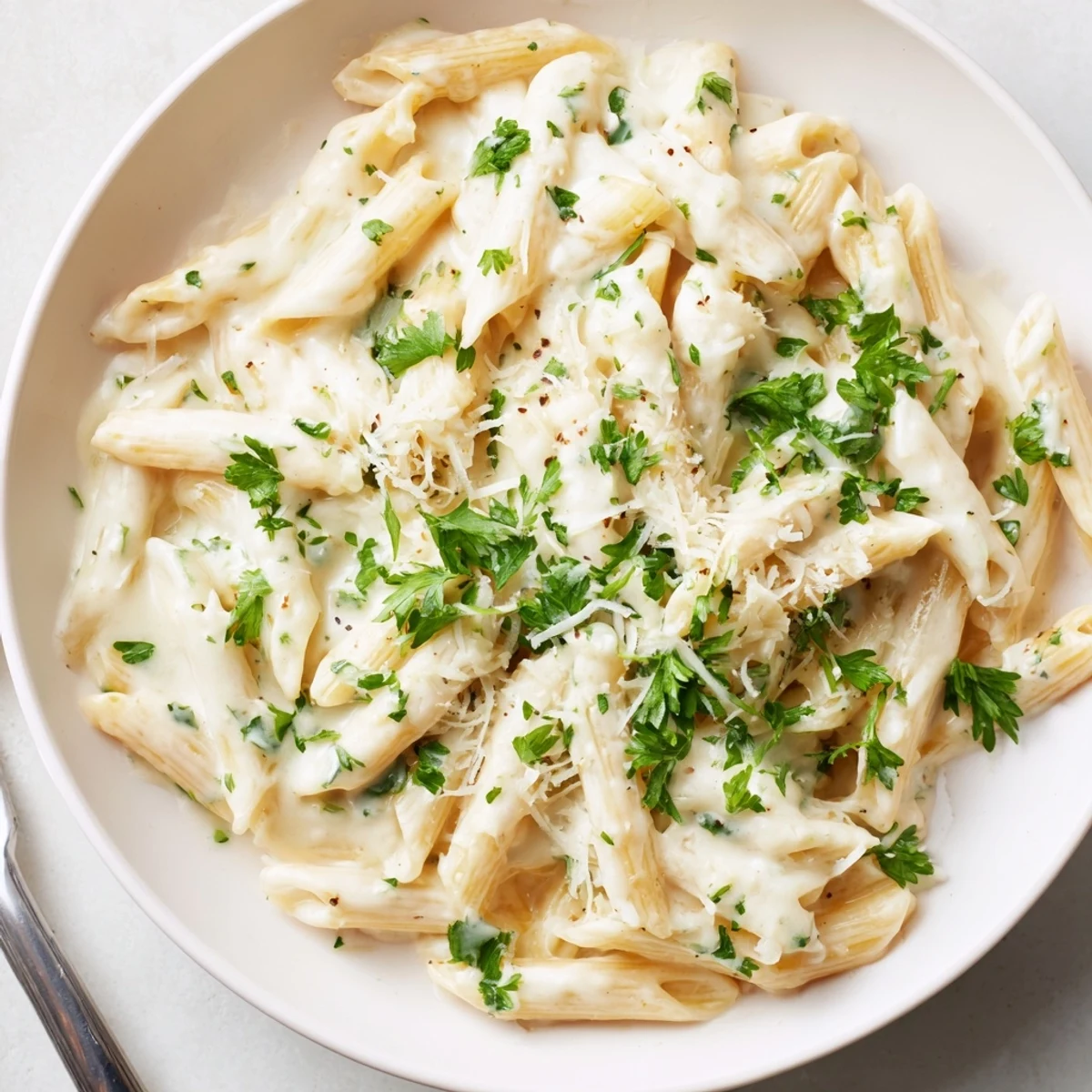 Savory Creamy Garlic Penne Pasta garnished with Parmesan, ideal for comforting weeknight dinners.