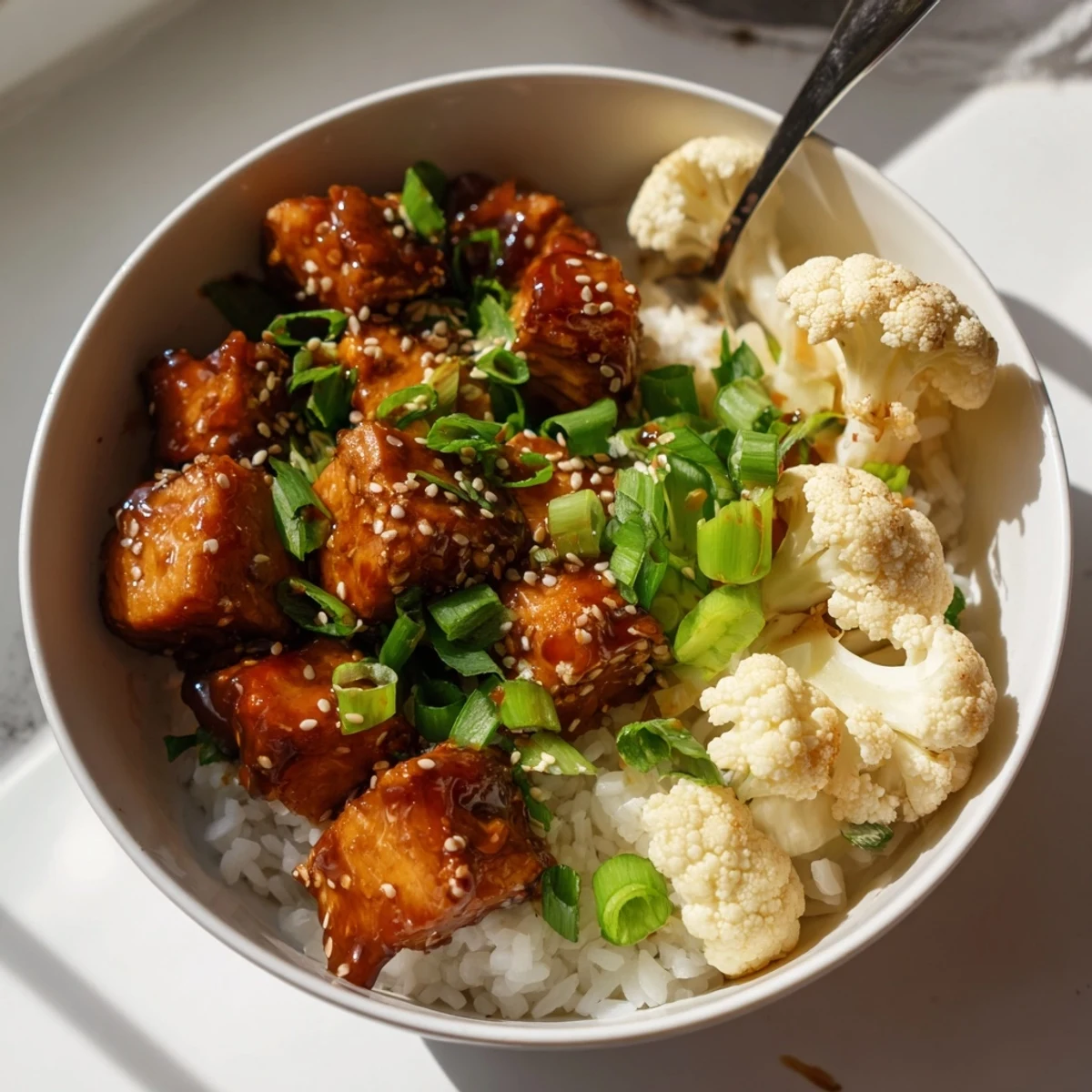 Sriracha Honey Salmon Bowls served over fluffy rice with roasted cauliflower and fresh herbs.  