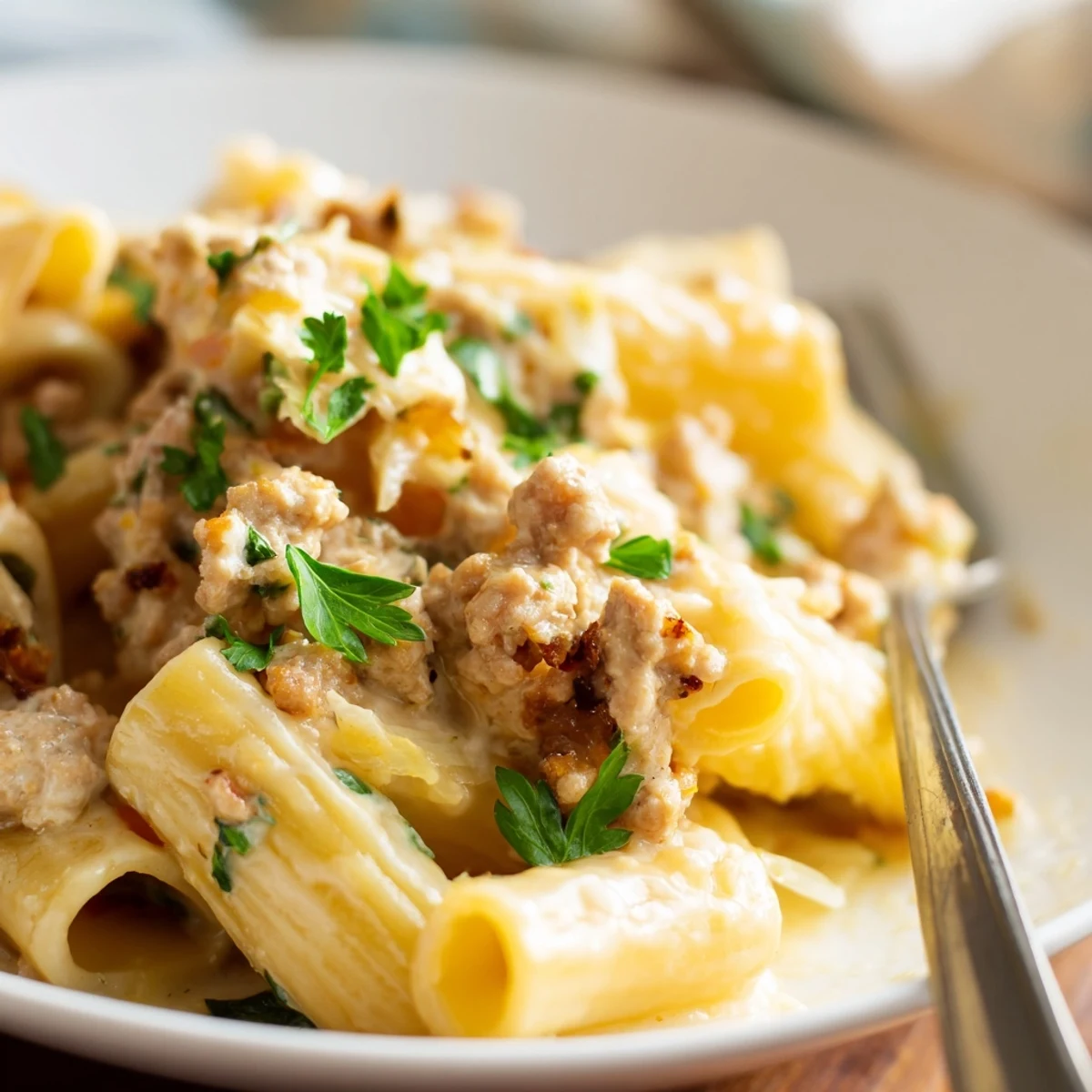 Delicious cheesy ground turkey pasta in a velvety sauce, perfect for weeknight meals.