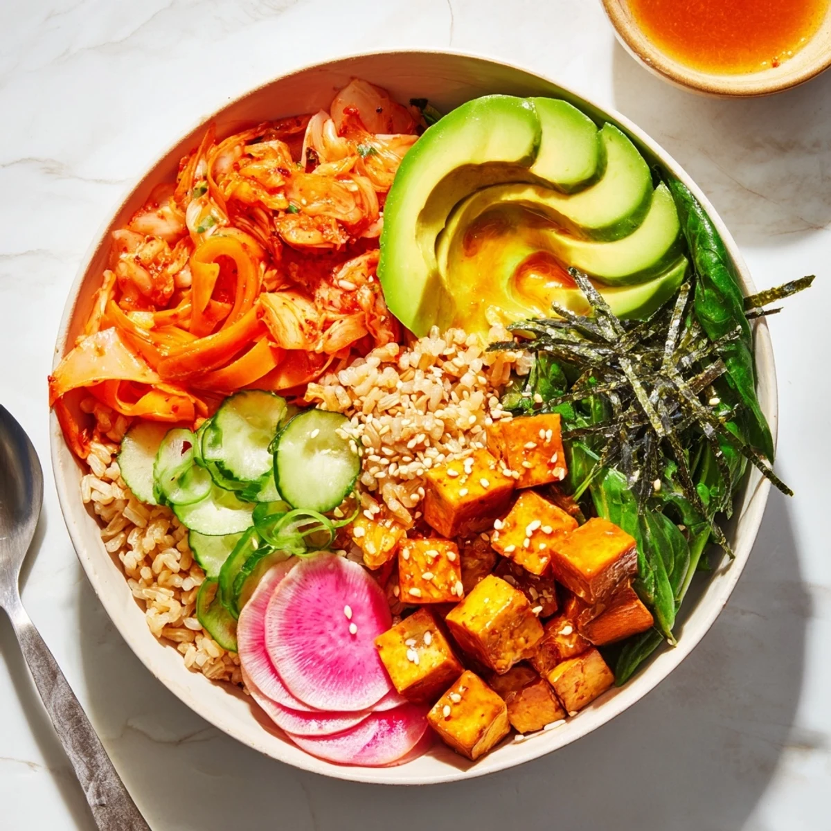 Healthy fermented vegetable bowl drizzled with homemade dressing and sprinkled with sesame seeds.