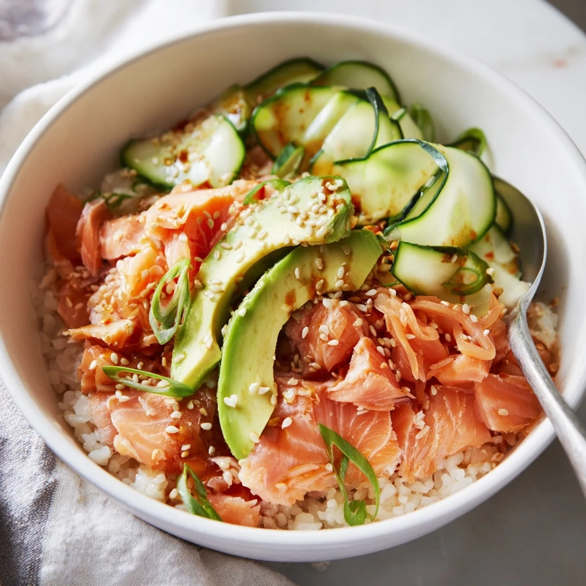 Colorful Leftover Salmon & Rice Bowl drizzled with soy sauce and toasted sesame seeds.  