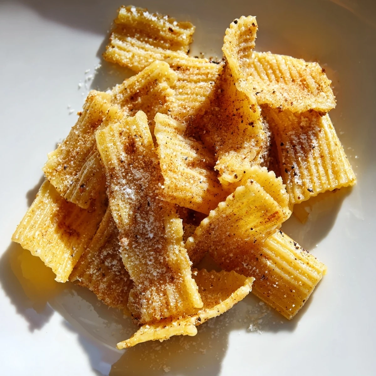 Golden-baked pasta chips seasoned with garlic and paprika, ideal for party appetizers.