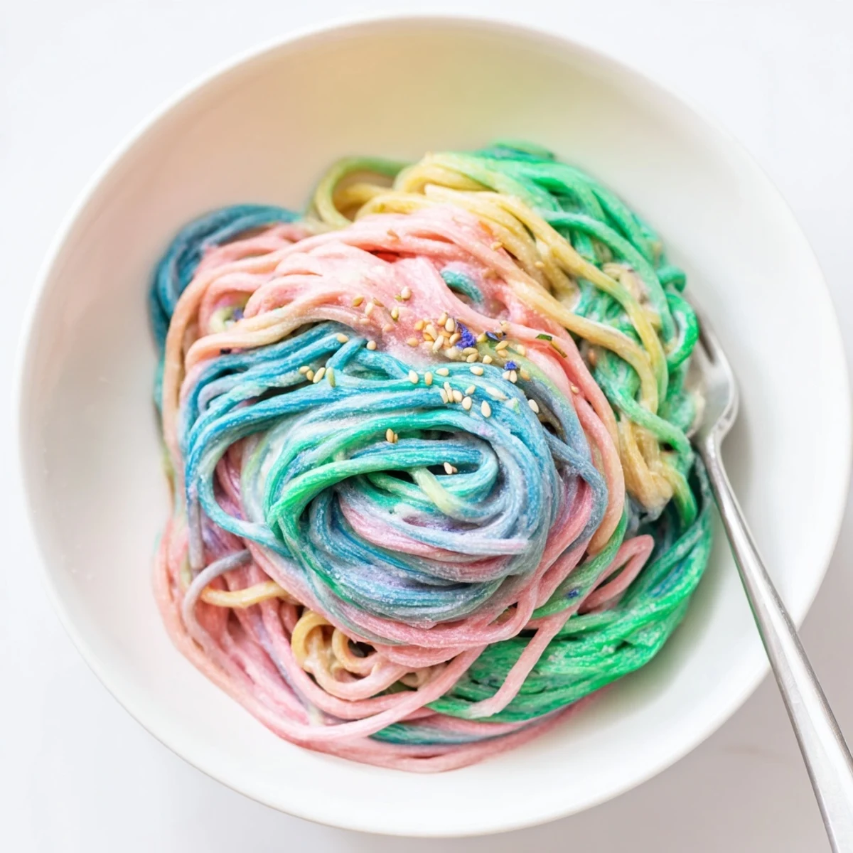 Whimsical Neon Noodle Cloud, showcasing distinct colors in a luscious creamy sauce.
