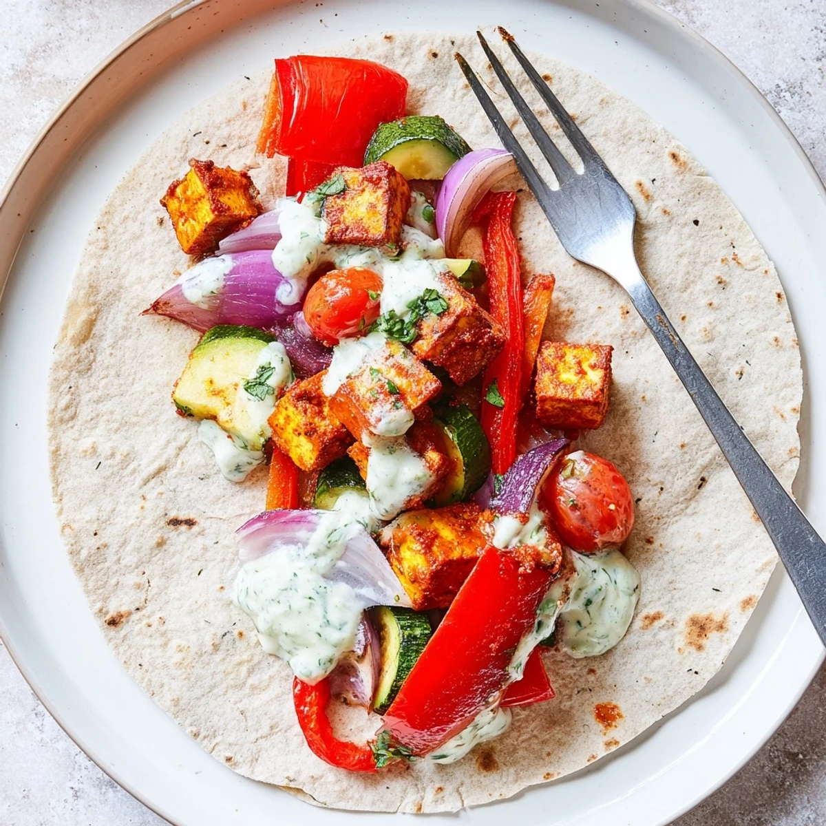 Vegan viral recipe re-make featuring roasted tofu and colorful vegetables in wraps.  