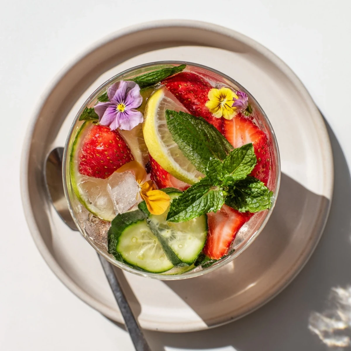 Refreshing water-based mocktails with vibrant fruit slices and mint sprigs.  