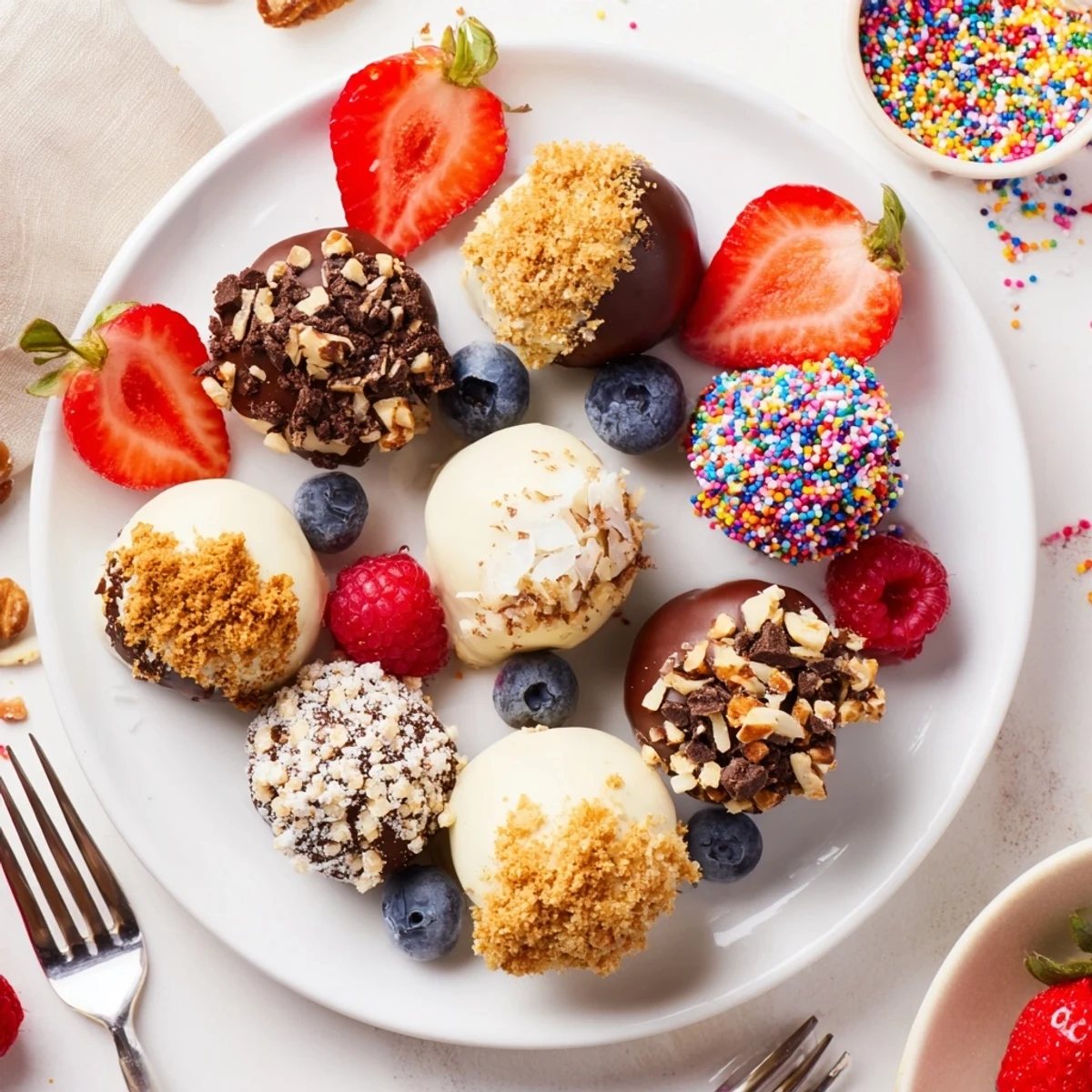 Delightful deconstructed dessert board showcasing creamy cheesecake bites and fresh toppings.  