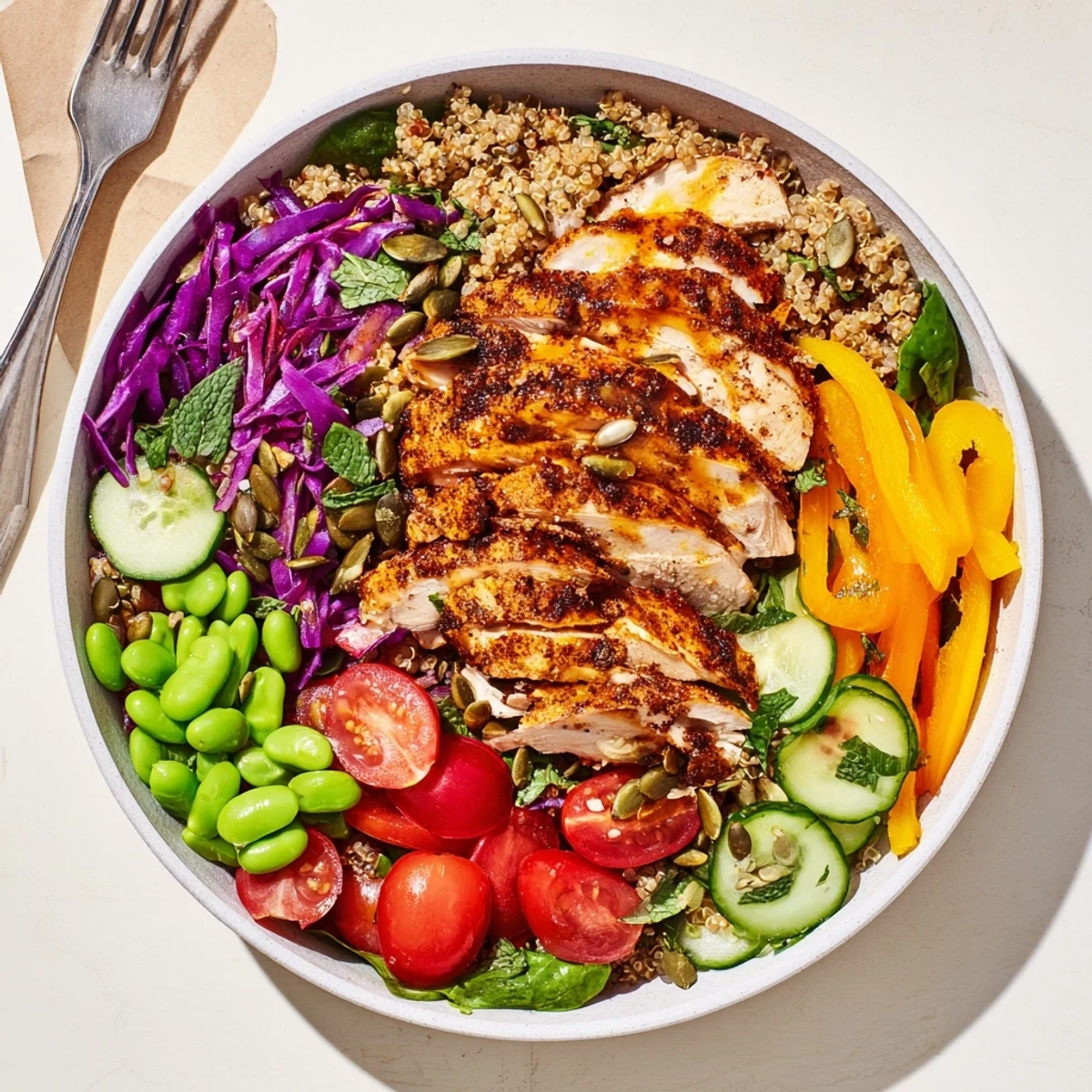 Vibrant healthy meal-prep bowls arranged with colorful veggies and zesty chicken.  