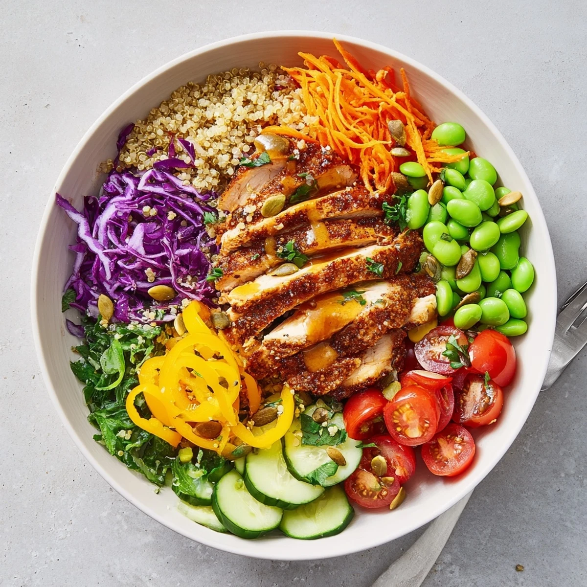 Nutrient-dense meal-prep bowls filled with quinoa, fresh veggies, and savory chicken.  