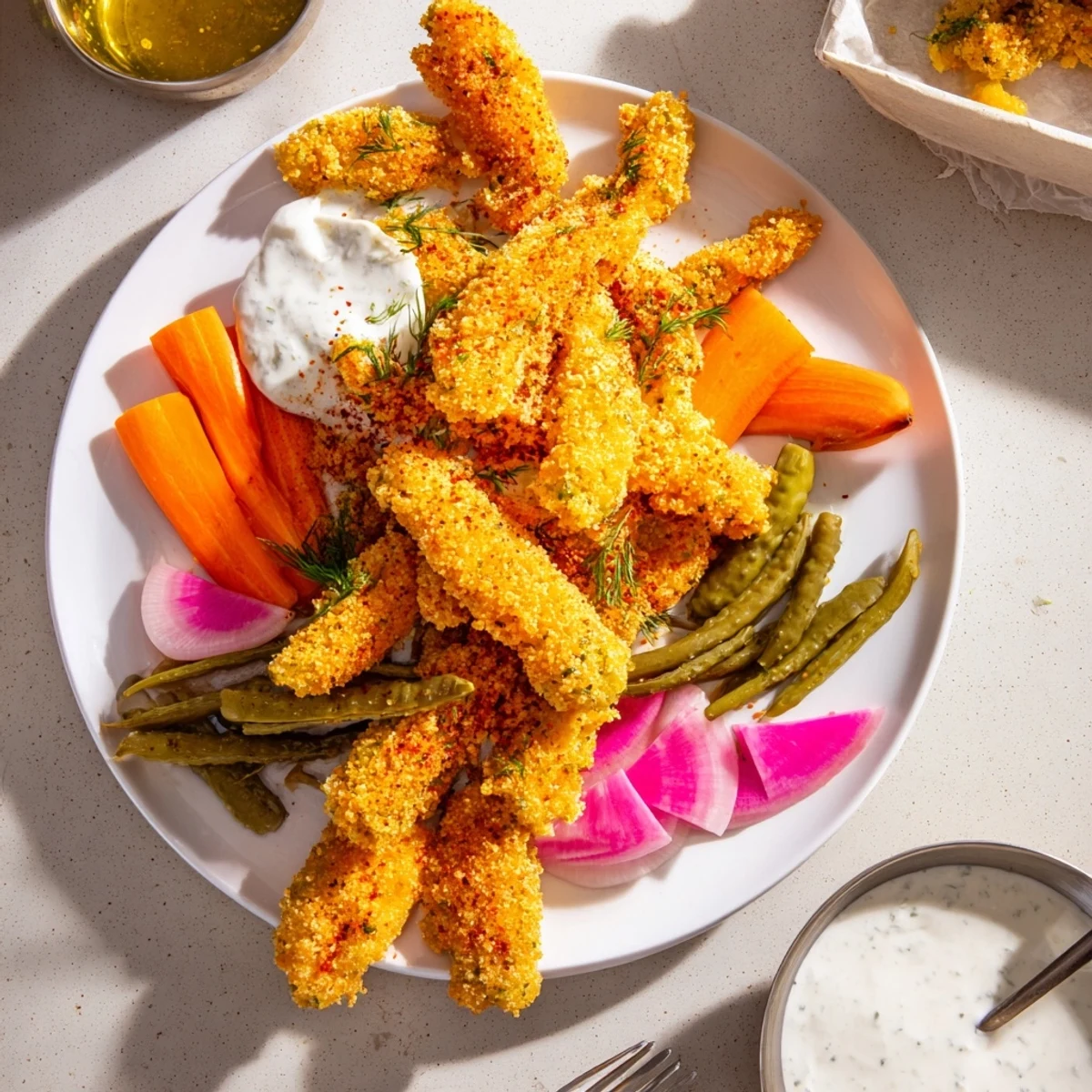 Delicious platter of crispy fried pickles and vibrant pickled veggies for tasting.
