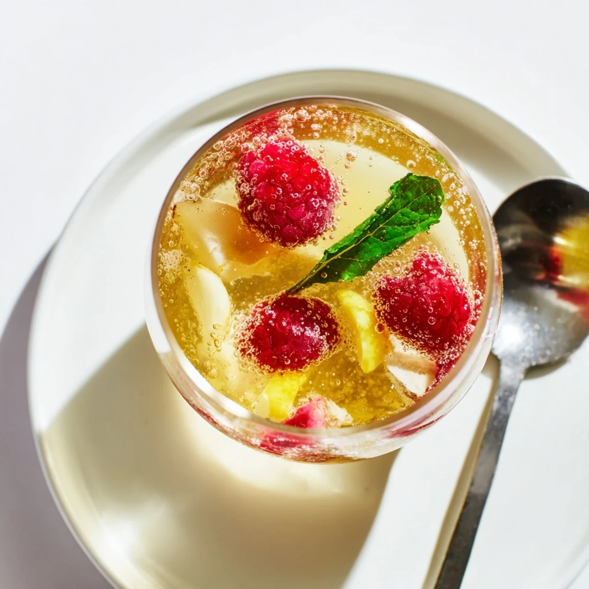 A vibrant display of fermented drinks with fresh berries and mint, kombucha-style mocktails.  