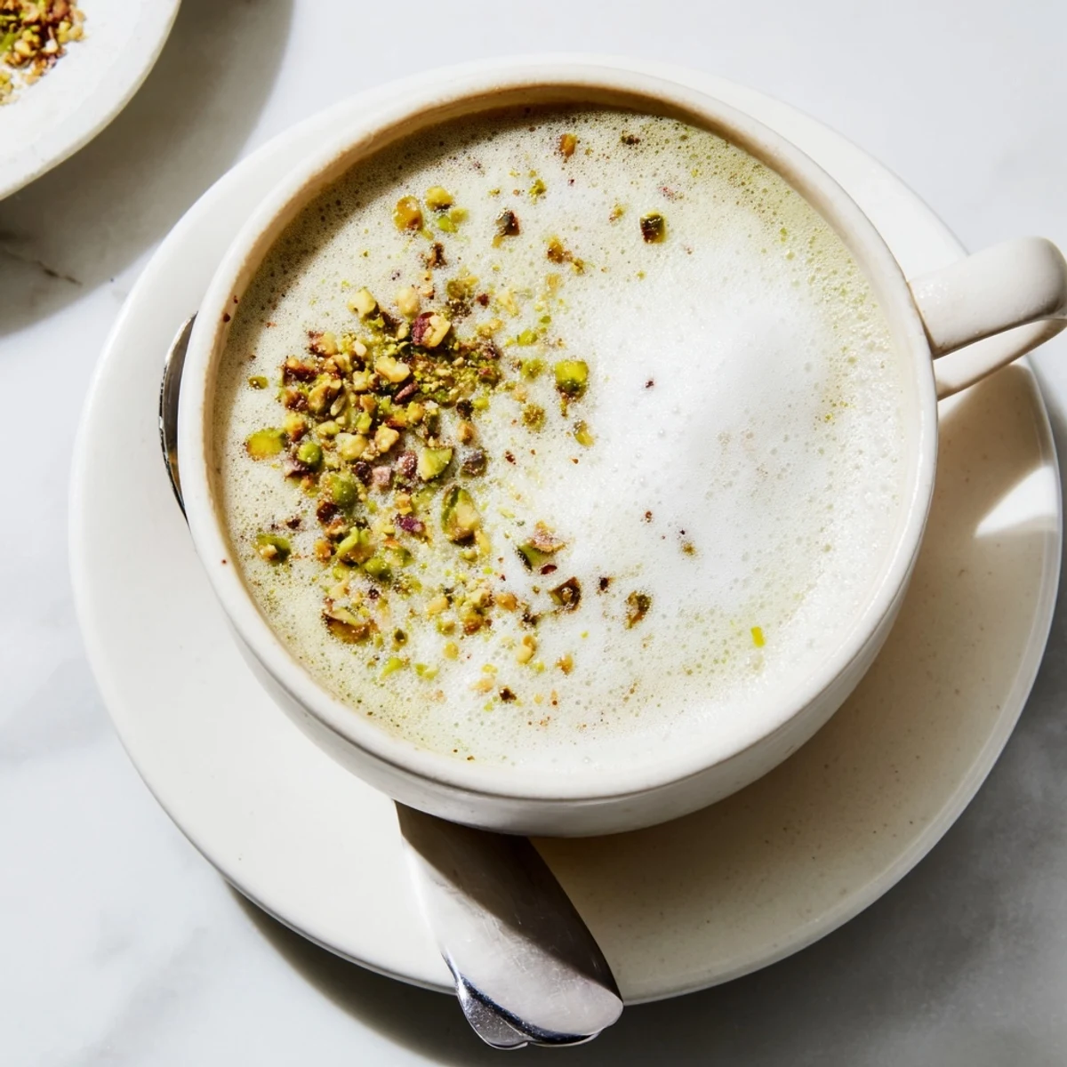 Creamy pistachio milk latte topped with crushed nuts, a delightful coffeehouse favorite.  