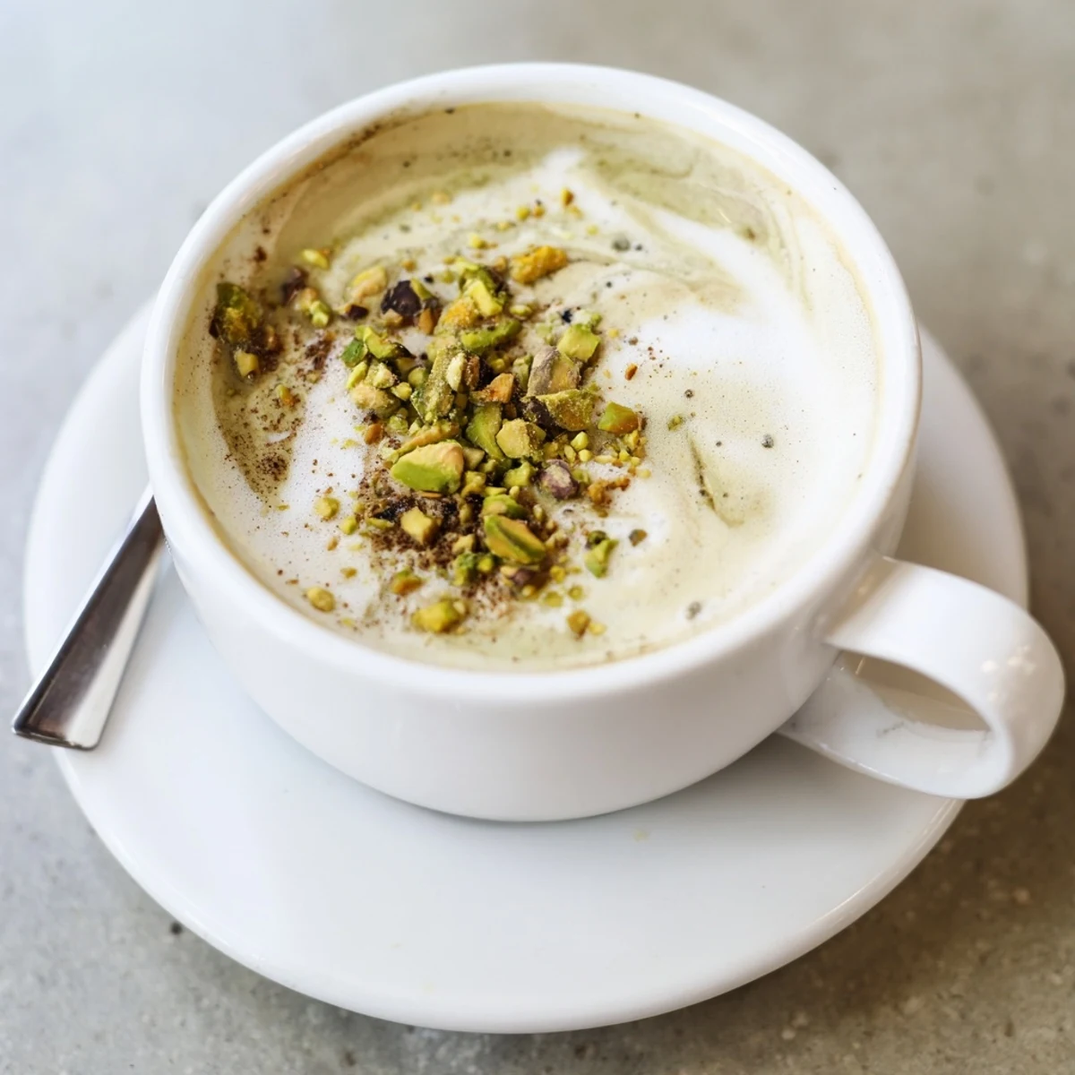 Homemade pistachio milk latte offering rich flavors, perfect for cozy mornings.  