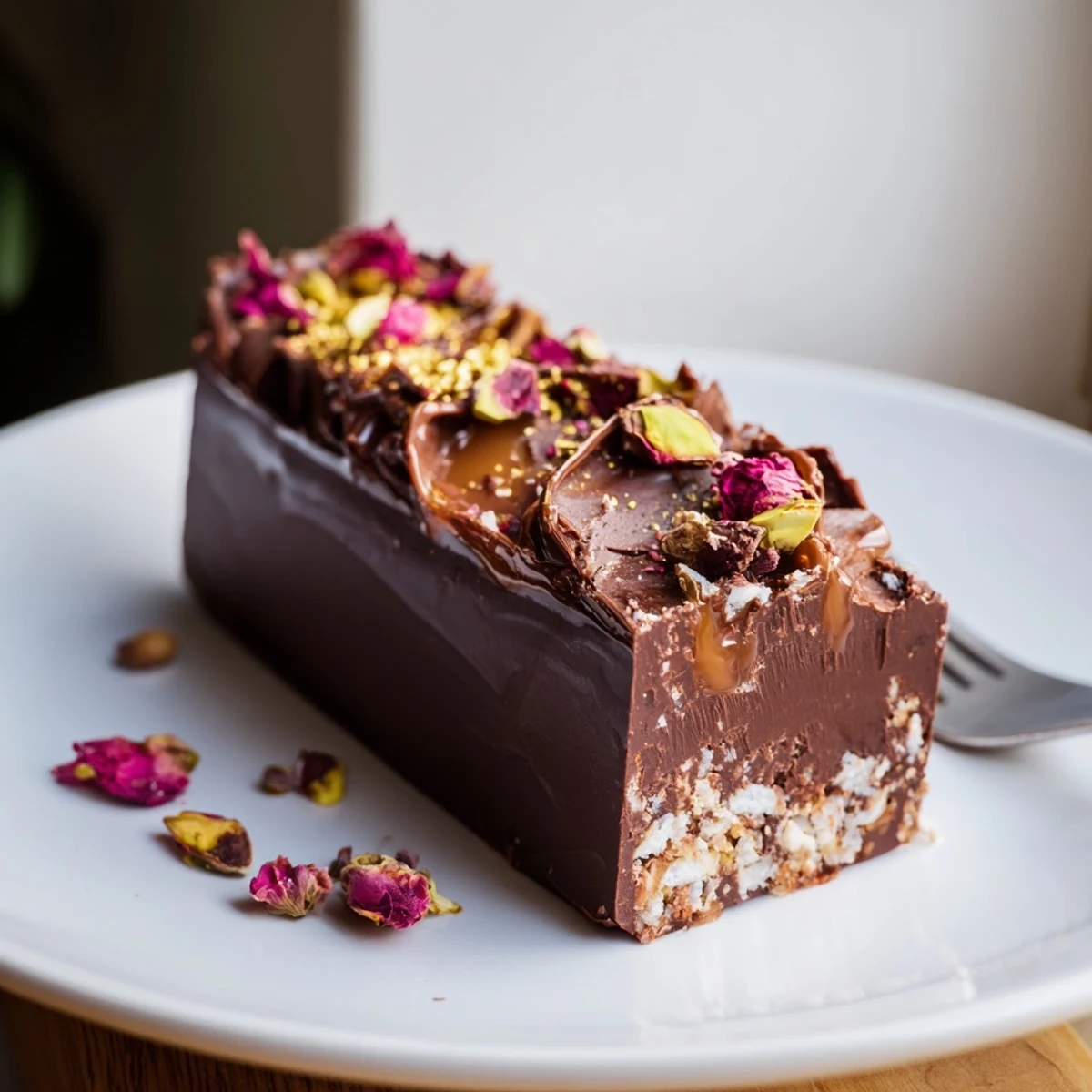 Luxurious chocolate bar inspired creations topped with vibrant rose petals and gold leaf.  