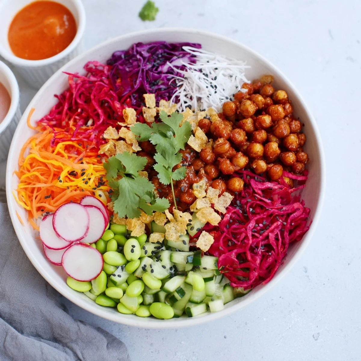 Colorful ASMR Crunch Snack Bowls brimming with vibrant veggies and crispy toppings. 