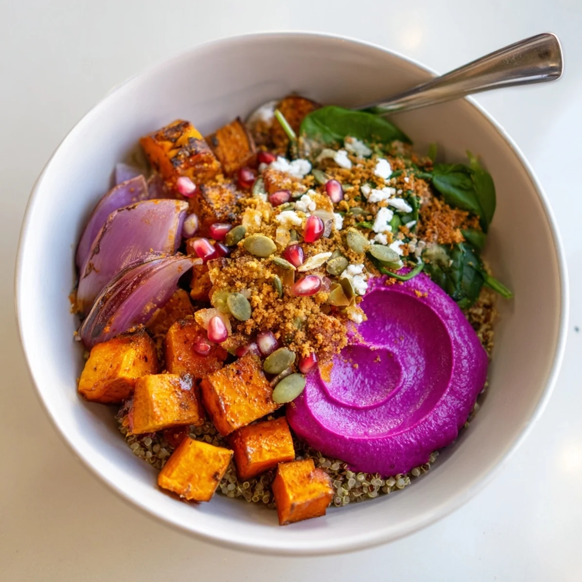 A nourishing spiced winter bowl filled with roasted veggies and creamy ube-coconut purée.