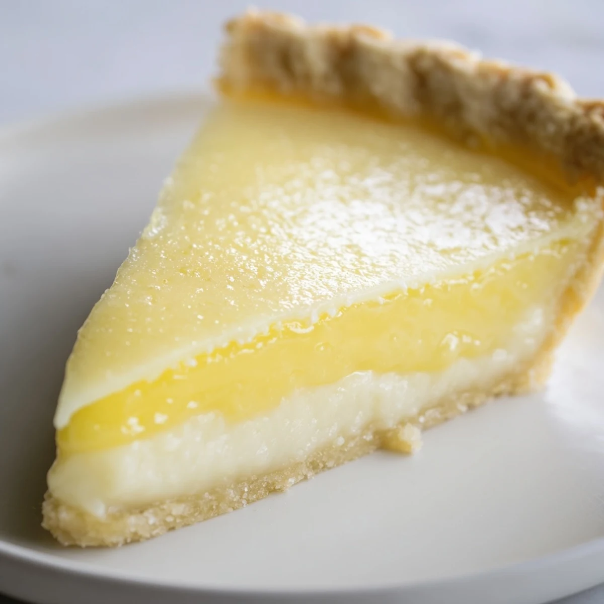 A delicious slice of Water Pie cooling on a rustic countertop.  