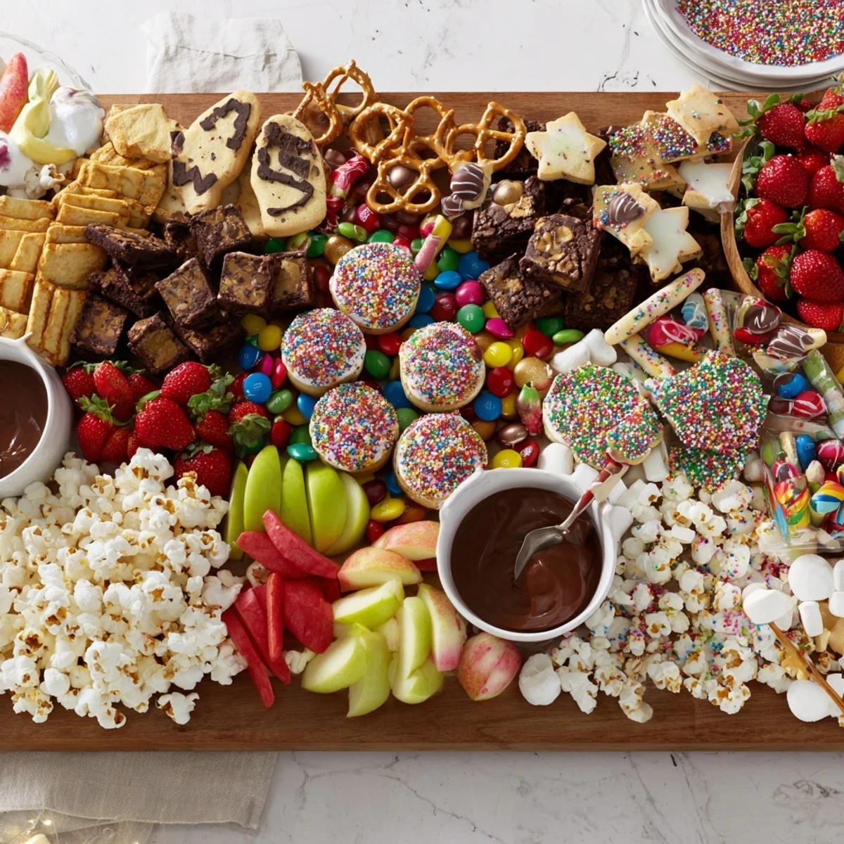 A delightful spread of Dessert Boards featuring sweet treats and vibrant chocolate-covered snacks.  