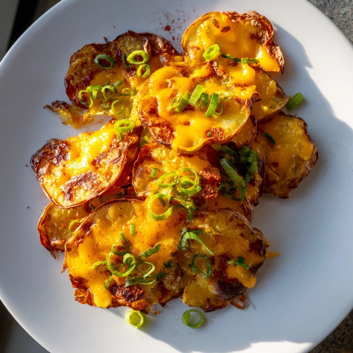Crispy Smashed Green Onion Potato Bombs topped with melted cheese and herbs.  