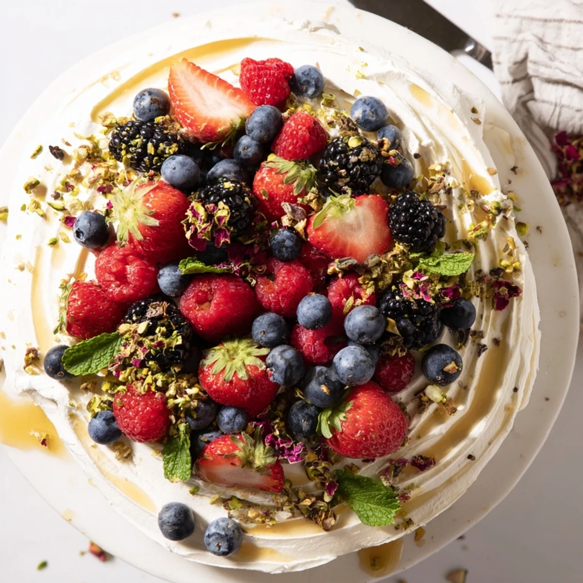 Delicious Butter Board Dessert Version topped with mixed berries and drizzled honey.  