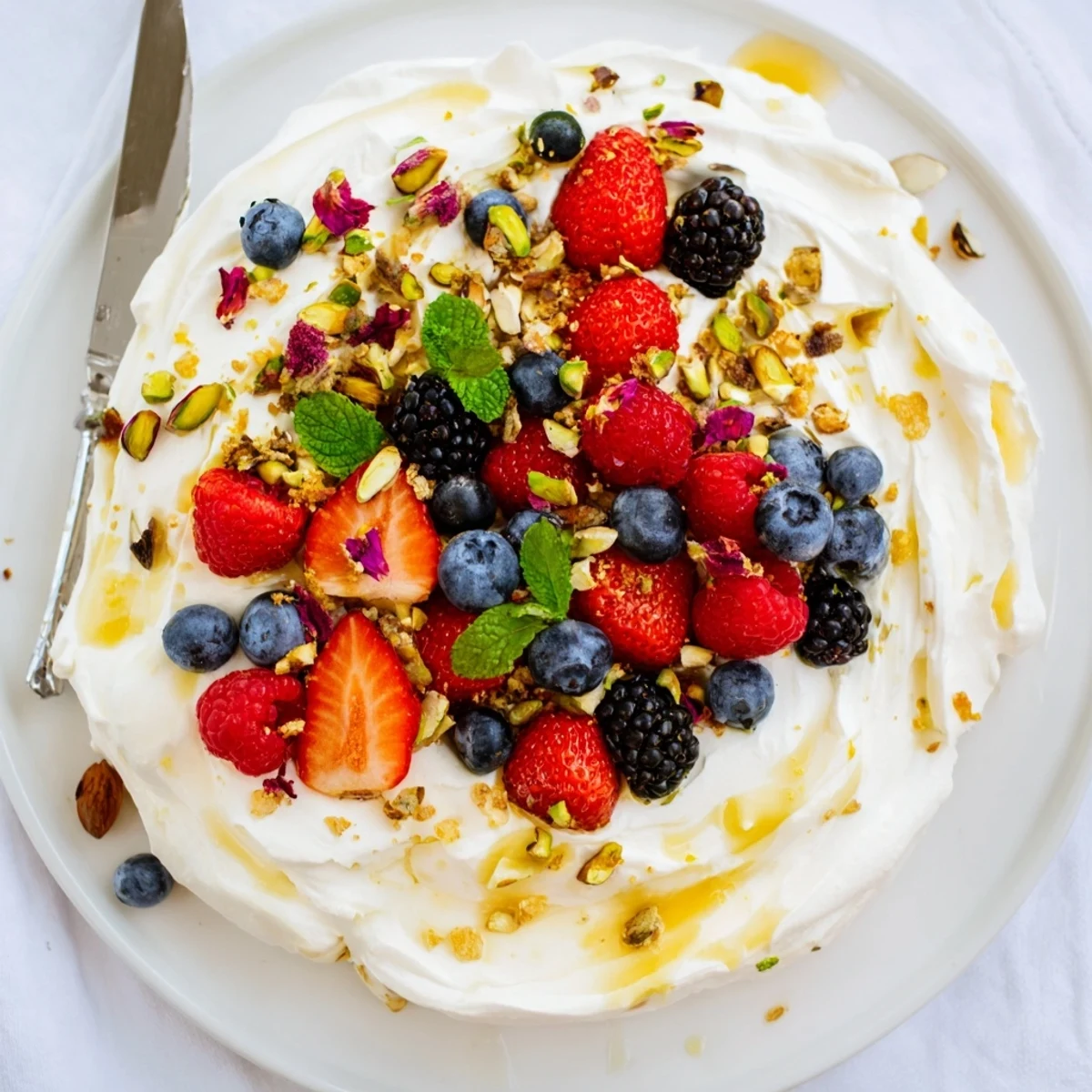 Whipped cream cheese Butter Board Dessert Version garnished with nuts and rose petals.