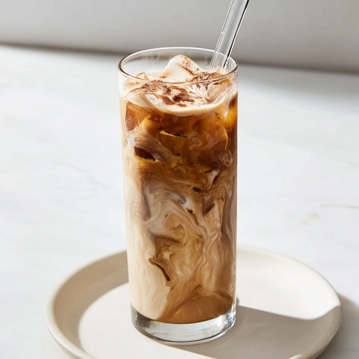 Creamy tahini iced coffee topped with plant-based milk and ice cubes.  