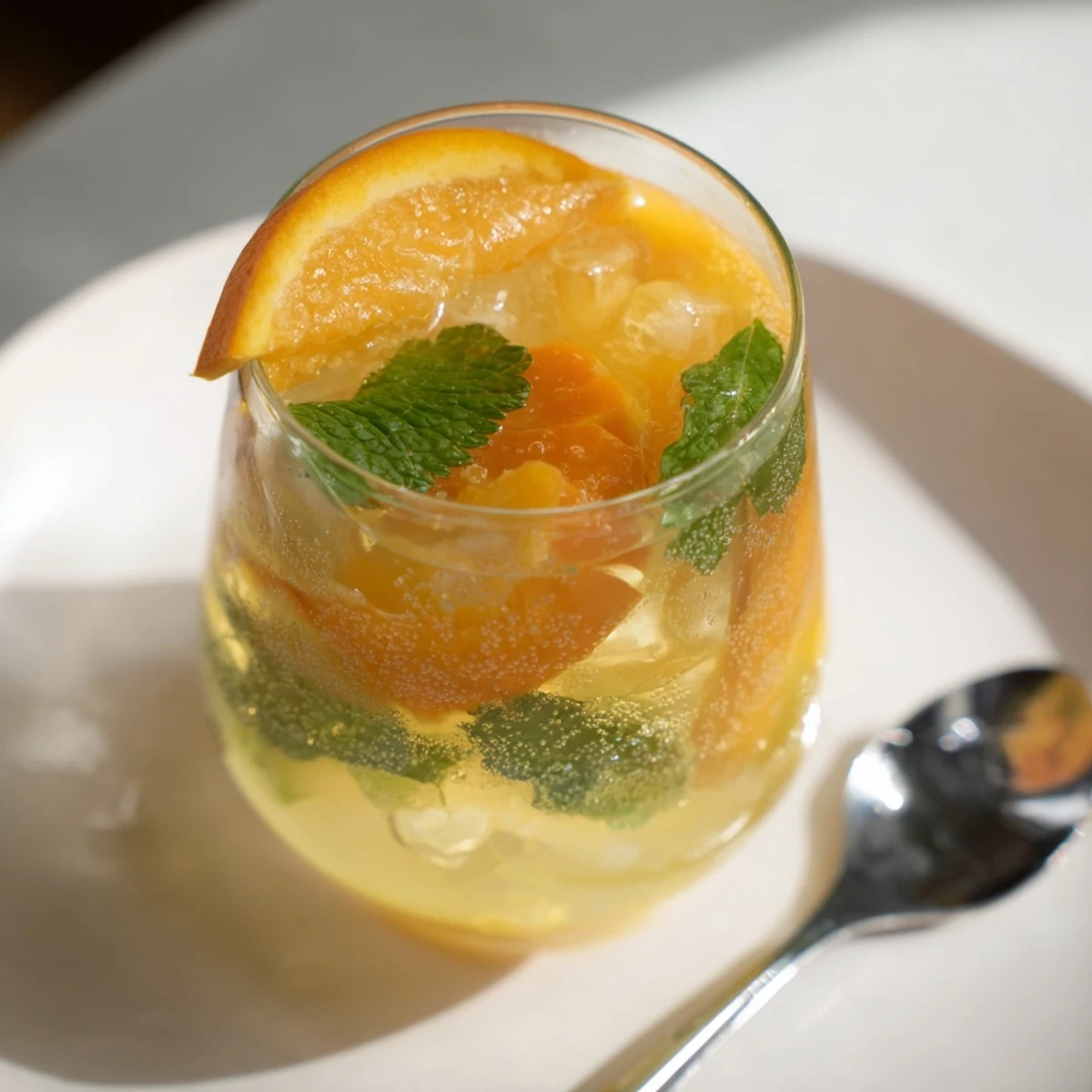 A colorful probiotic soda mocktail garnished with mint and orange slices for summer refreshment.  