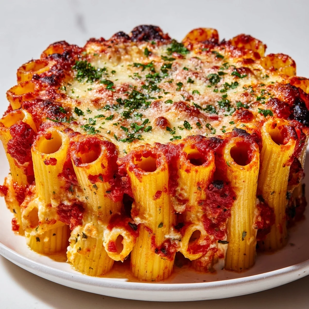 Baked Honeycomb Pasta Cake with rich tomato sauce and melted cheese, ready to serve.  