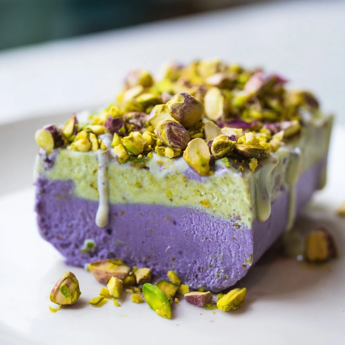 Creamy ube and pistachio ice cream bars drizzled with condensed milk on a summer day.  