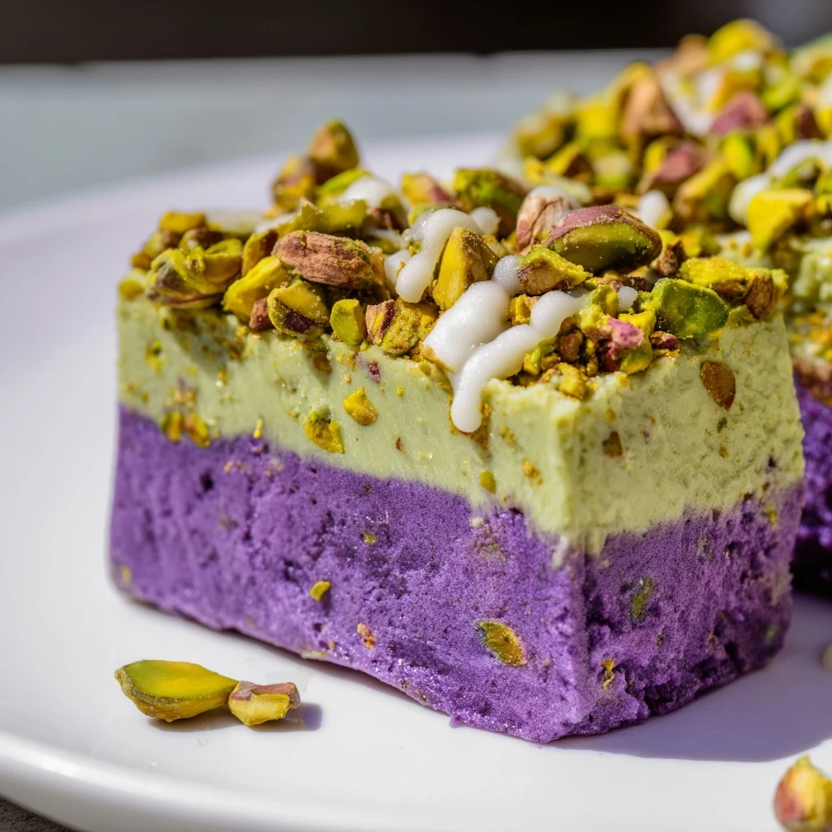 Delicious layers of ube and pistachio ice cream bars, showcasing rich colors and flavors.
