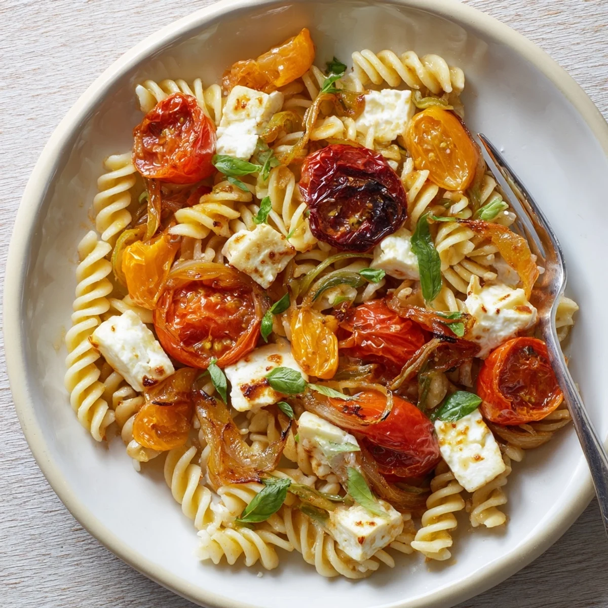 Creamy Baked Feta Pasta topped with caramelized onions and sun-dried tomatoes.  