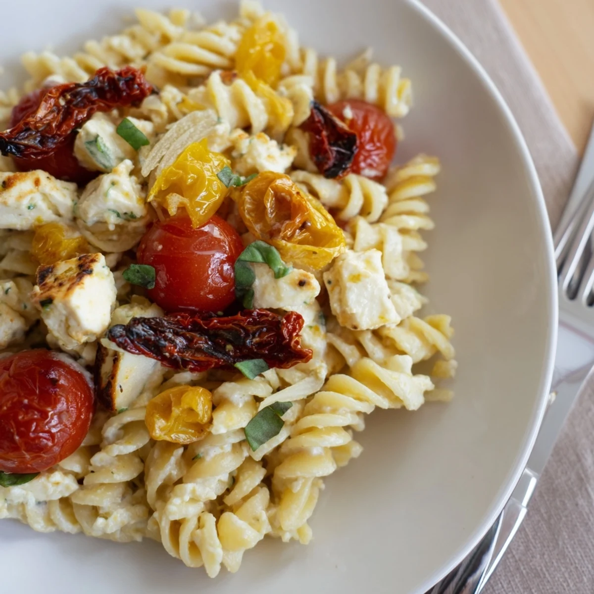 Savory Baked Feta Pasta, featuring caramelized onions and vibrant cherry tomatoes.