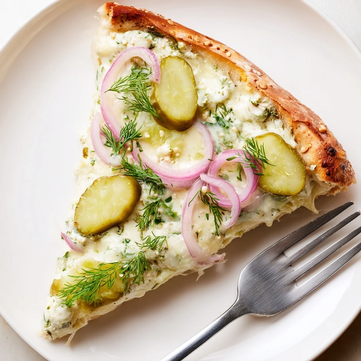 Tangy Pickle Pizza topped with creamy sauce and crunchy dill for unique flavor.  