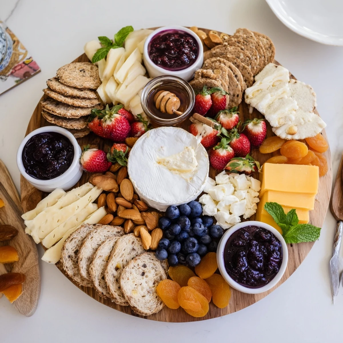 Colorful jam-infused brunch board with fresh fruits and artisan breads for gatherings.  