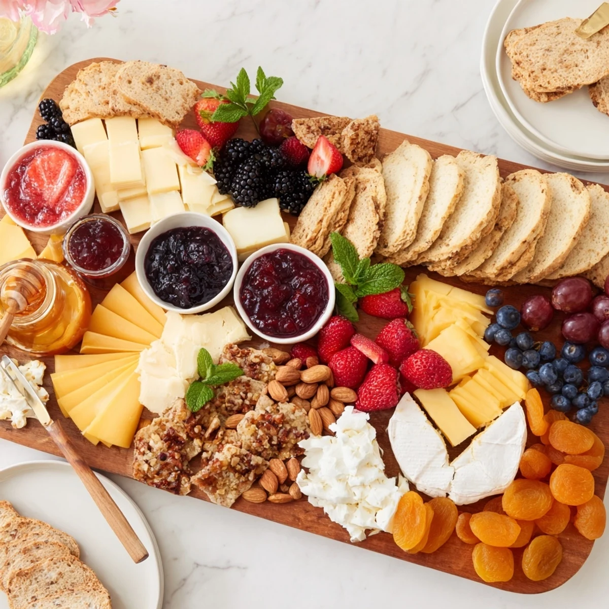 Vibrant jam-infused brunch board featuring creamy cheeses and assorted jams for sharing.  
