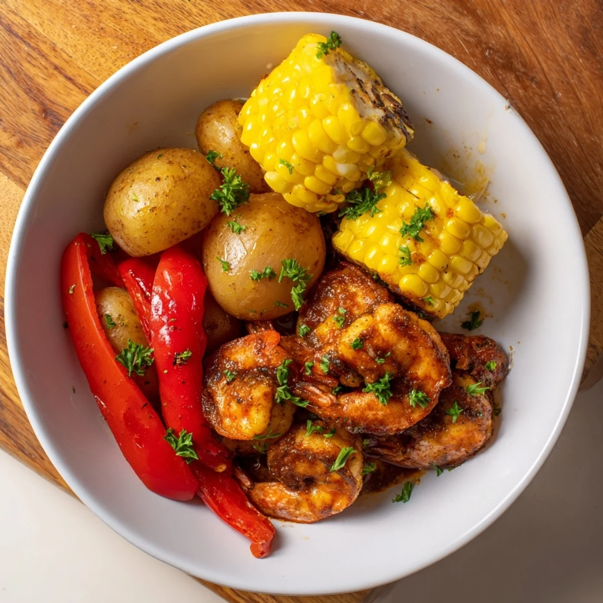 Vibrant Cajun shrimp & sweet corn platter ideal for festive meals and gatherings.