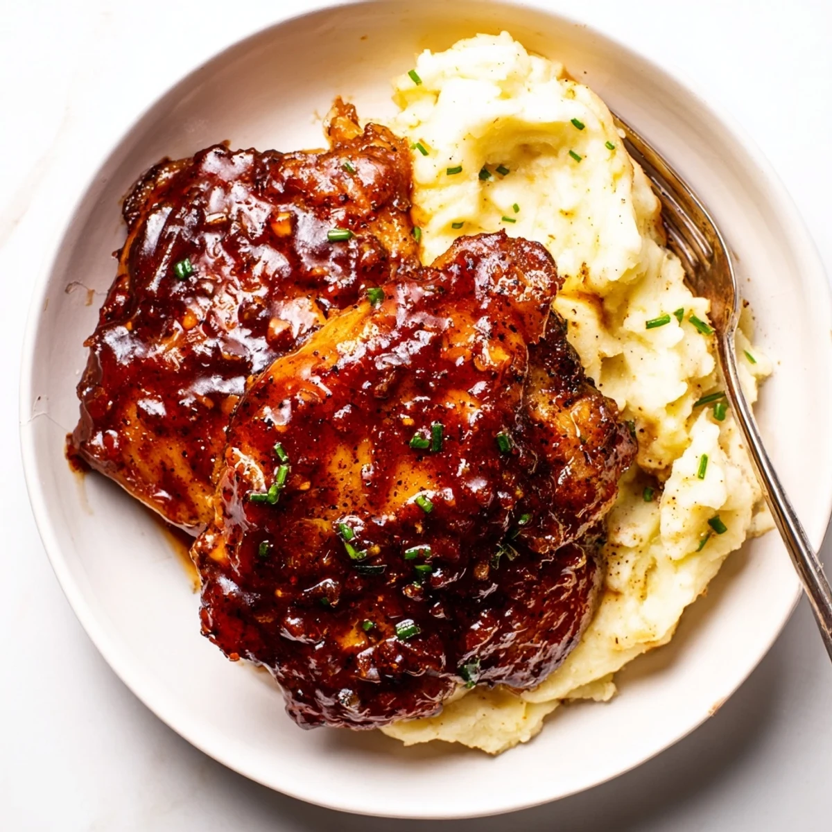 Succulent honey BBQ chicken thighs served with creamy garlic mashed potatoes on a plate.  