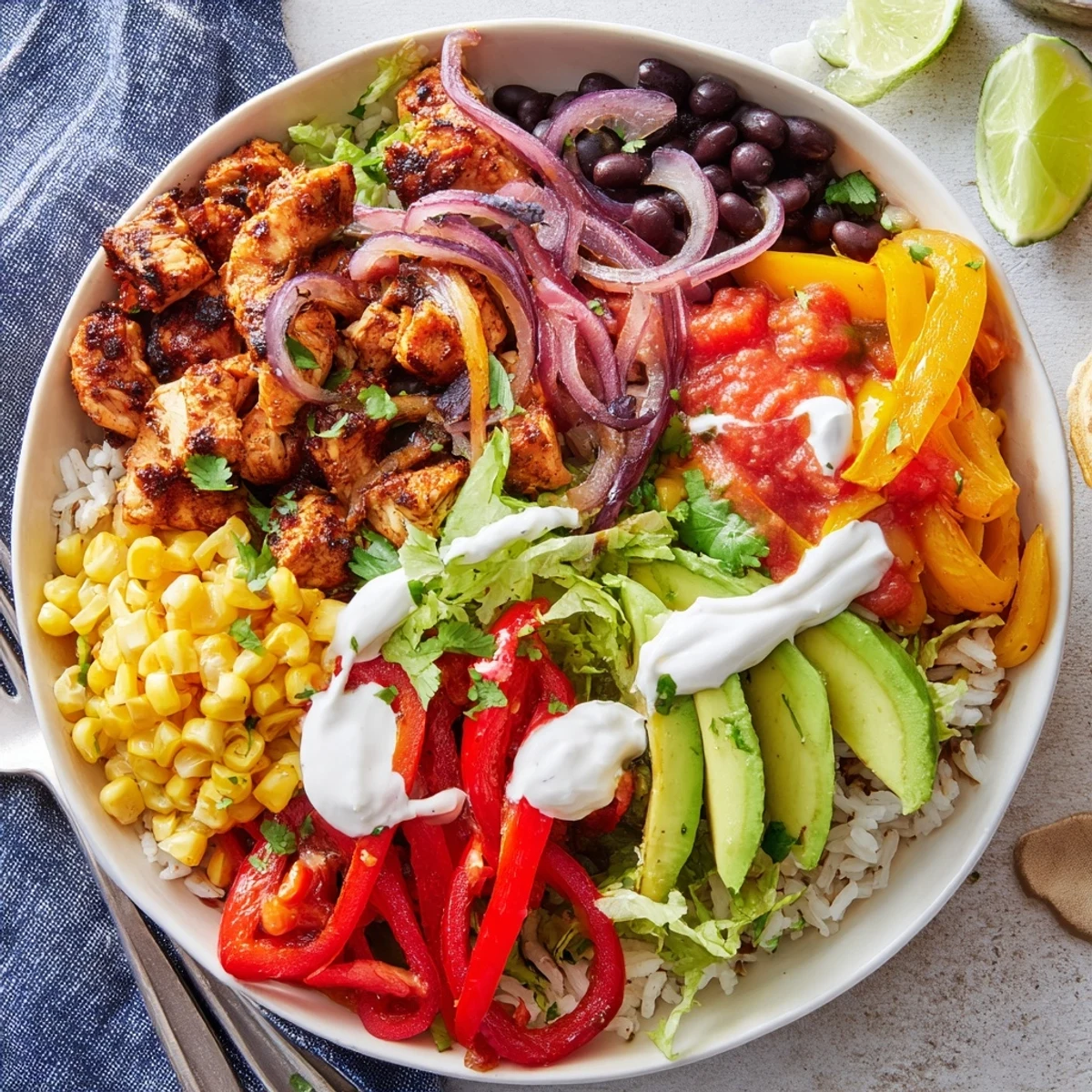 Vibrant Sheet Pan Chicken Burrito Bowls topped with fresh avocado and cilantro.  