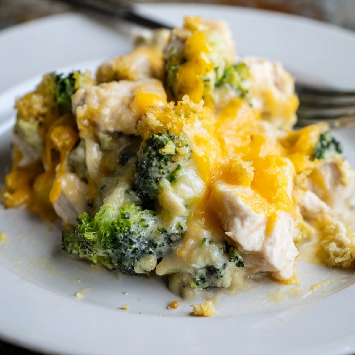 Creamy Chicken & Broccoli Cheddar Bake topped with crispy panko and melted cheese.  