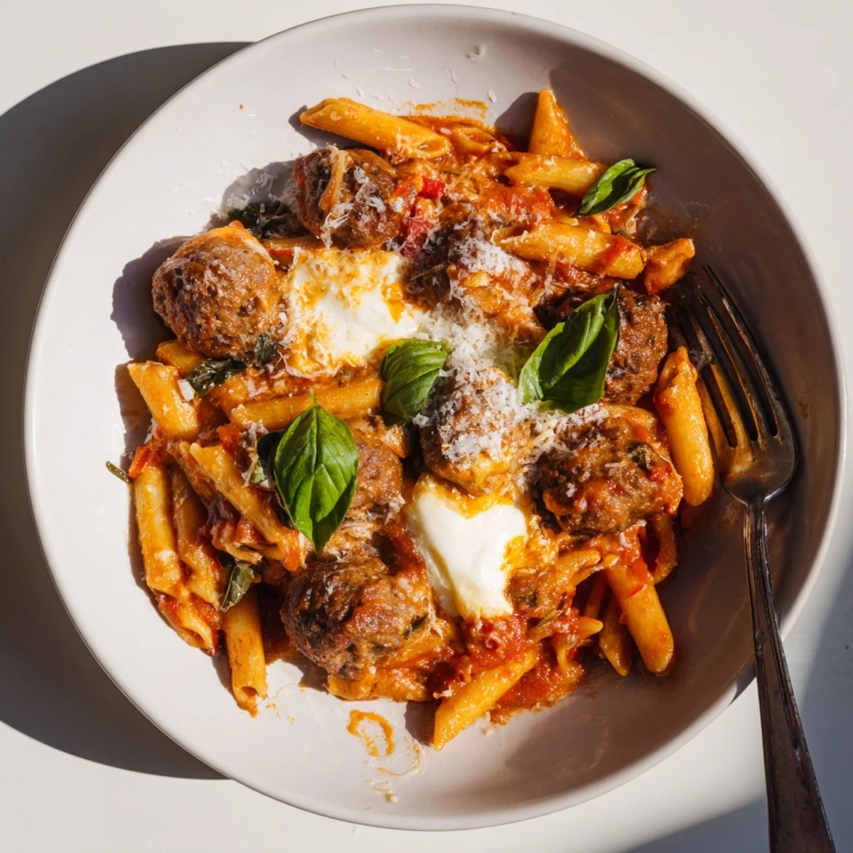 Comforting Italian Meatball Pasta Skillet simmered in rich tomato sauce for dinner.  