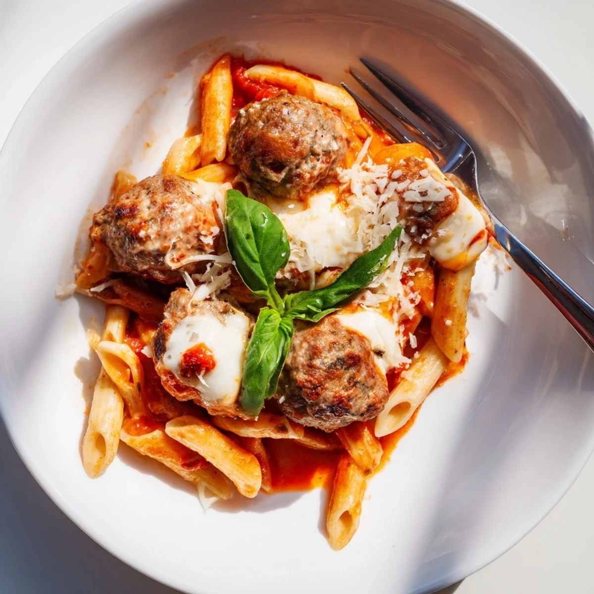 Hearty Italian Meatball Pasta Skillet topped with melted cheese and fresh basil.  