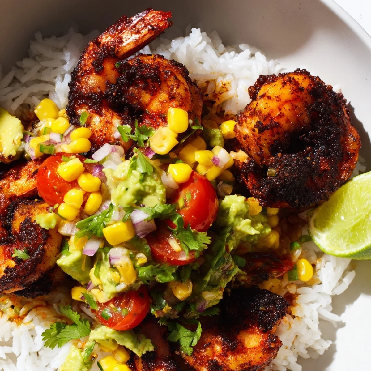 Blackened shrimp bowl topped with fresh avocado corn salsa and fluffy rice.  