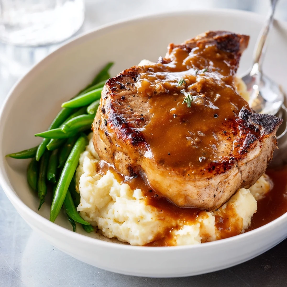 Comforting pork chops and cheddar mash bowl garnished with crisp green beans.