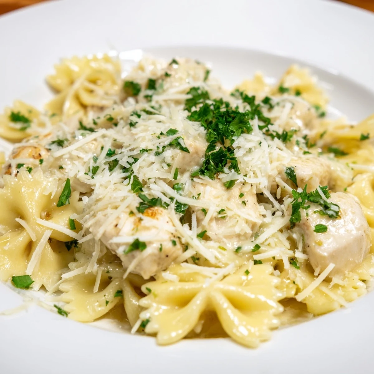 Hearty Italian-American Mozzarella Garlic Butter Chicken Bowties with tender chicken and melted cheese for dinner.