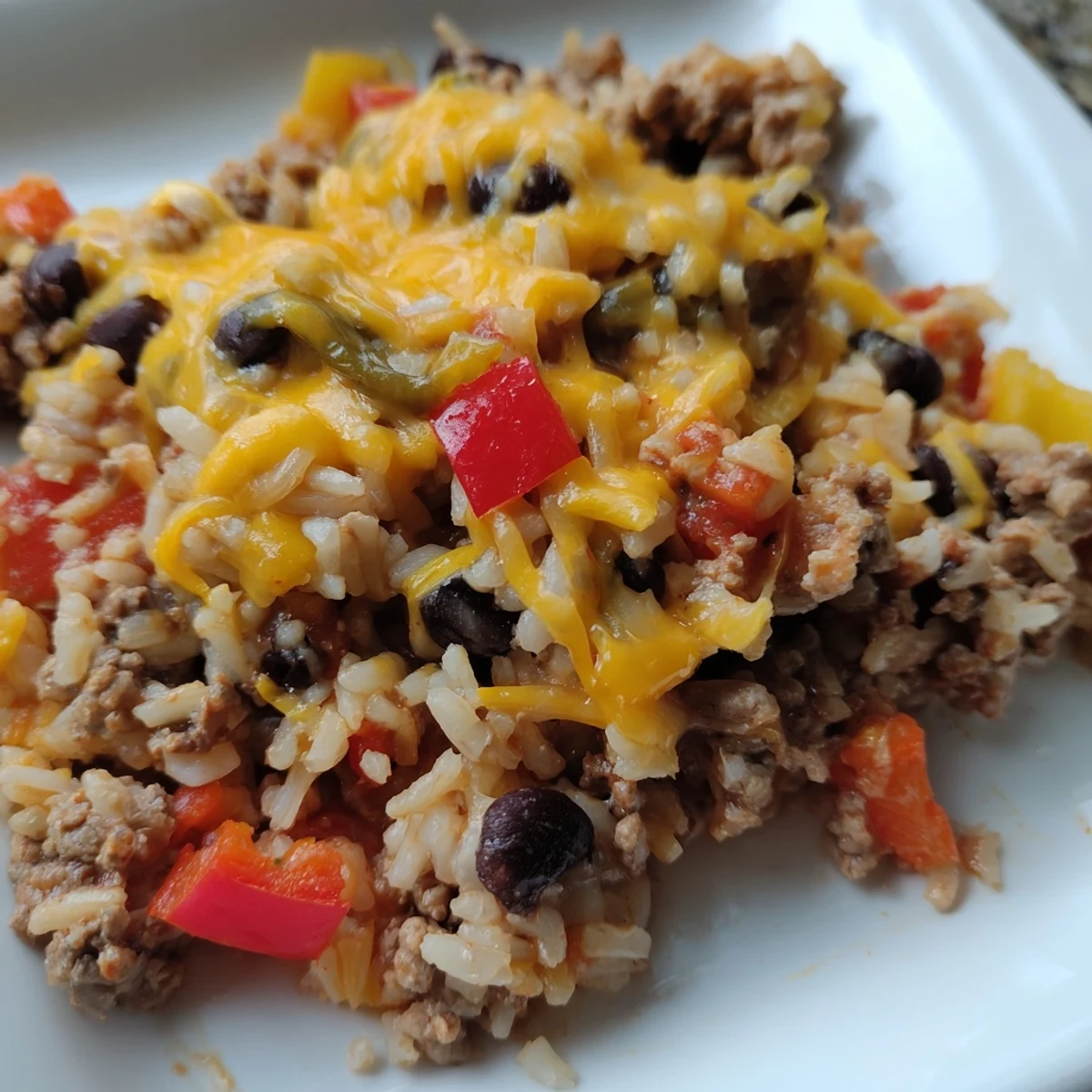 A steaming casserole dish filled with the savory goodness of Tex-Mex Beef & Rice Casserole, garnished with fresh cilantro.