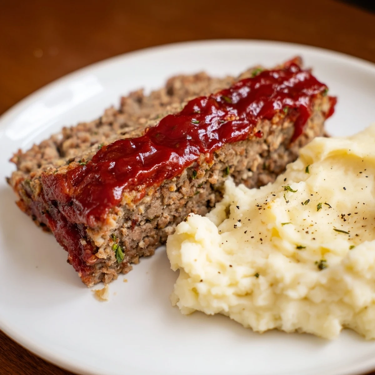 A close-up of a warm, juicy Classic Meatloaf & Mashed Potatoes dinner, ready to eat.