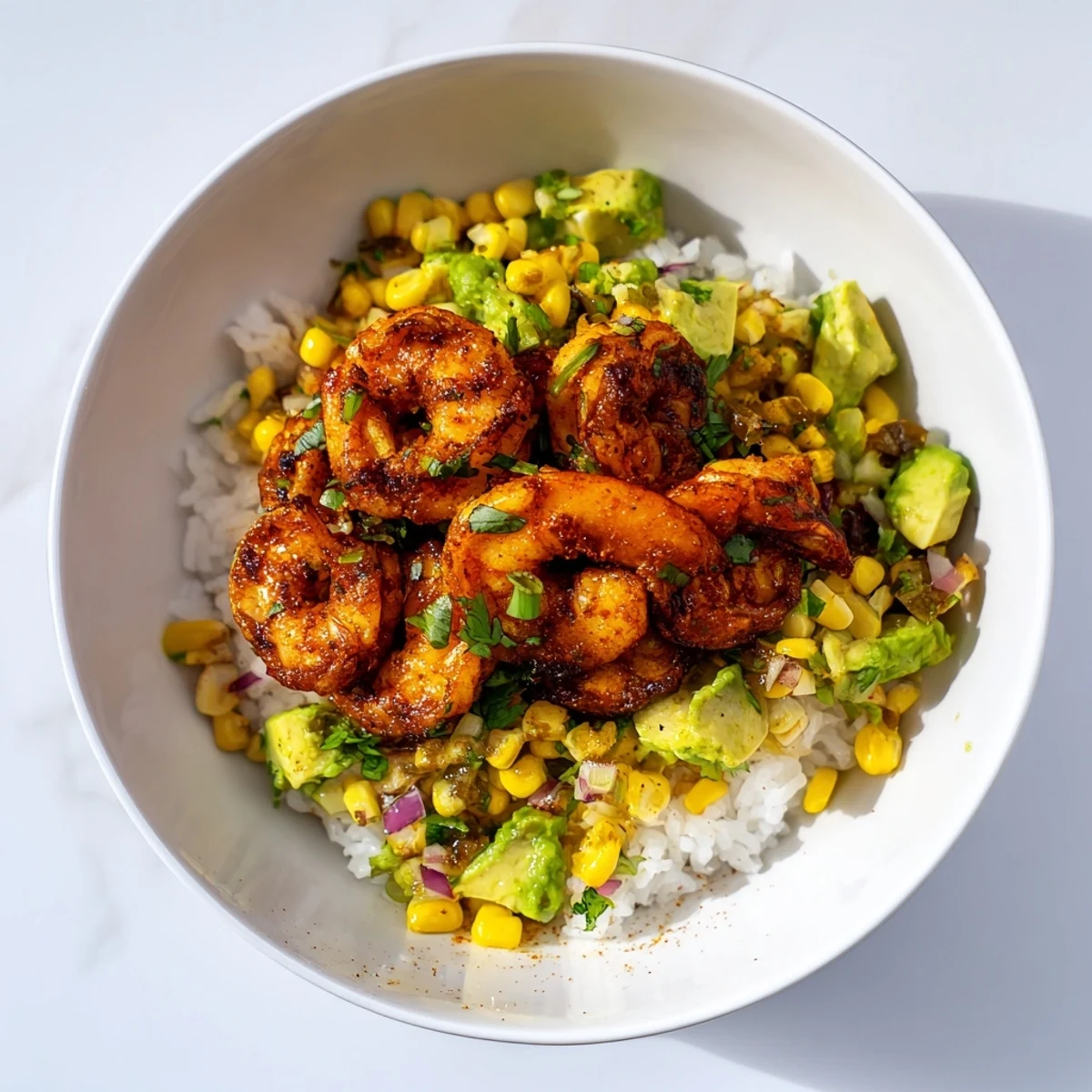 Juicy grilled shrimp nestled atop a vibrant Easy Grilled Shrimp Bowl with avocado corn salsa.